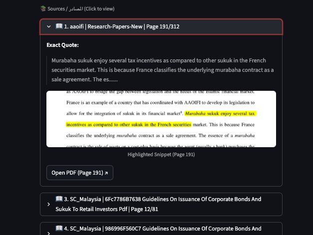 Agent Deen — page-level citations with highlighted source text